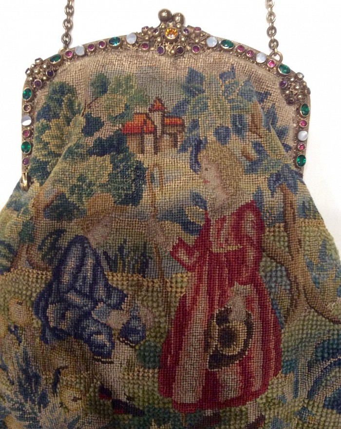 detail Victorian Needlepoint Purse with jeweled frame