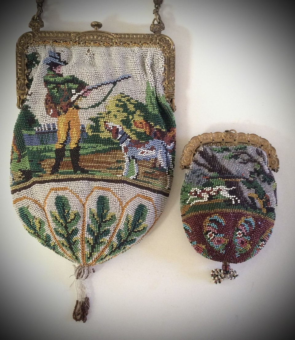 Victorian Era micro Beaded purse & coin purse with hunt scene