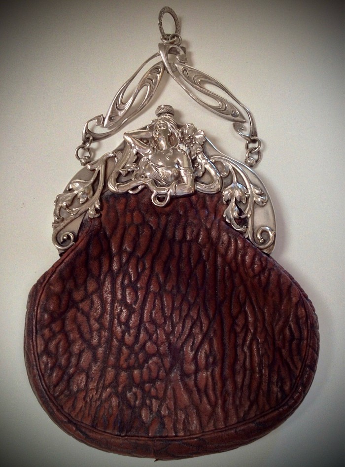 Art Nouveau Chatelaine Purse -silver plate & elephant hide