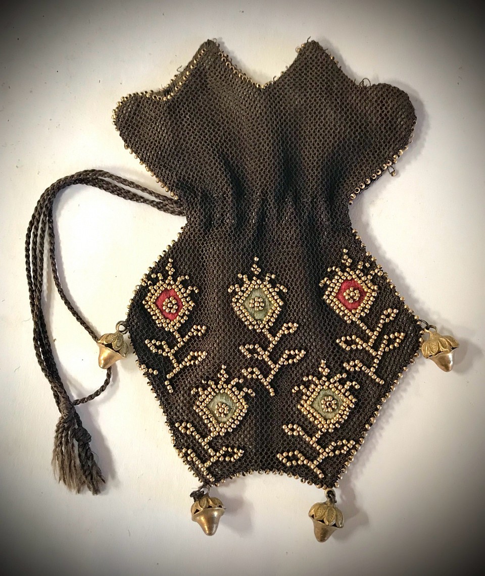 Regency small draw string coin miser purse with  bead and silk embroidered on net